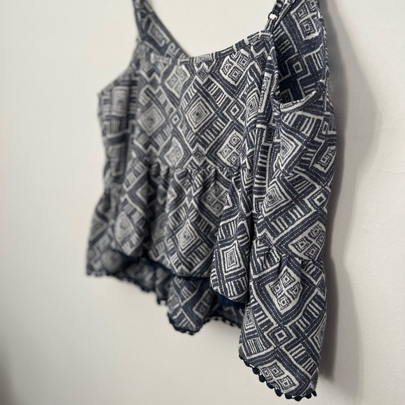 Lush Flowy/Ruffled Cropped Adjustable Printed Tank Top - Small in Blue & White - Picture 6 of 6